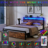 Queen Size Bed Frame with Storage Headboard and 2 Drawers, LED Lights Bed with Charging Station, W1916126253
