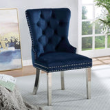 Contemporary Blue Color Flannelette 2pcs Side Chairs Button-Tufted Upholstered Dining Chairs B011P208975