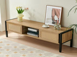 54.33" Rattan TV cabinet with variable color light strip, double sliding doors for storage, W1265121746
