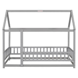 ZNTS Twin Size Floor Wooden Bed with House Roof Frame, Fence Guardrails,Grey 40028728