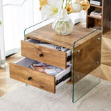 Double-drawer bedside table.The board surface is MDF with wood grain sticker, and both sides are W1512P348780