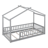 Twin Size Wood Bed House Bed Frame with Fence, for Kids, Teens, Girls, Boys, Gray WF302176AAE
