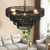 Rustic 4-Tier Black Hemp Rope Chandelier with 6 E12 Sockets, UL Listed Hardwired Pendant Light, W1340P241298