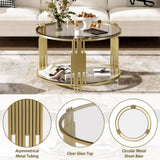 Modern Glass Coffee Table in 31.5", Asymmetrical Metal, Circular Metal Drum Base, Gold Finish & N735P177478K