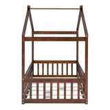 Twin Size Wood Bed House Bed Frame with Fence, for Kids, Teens, Girls, Boys, Walnut WF302176AAL