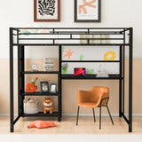 ZNTS Full Size Loft Bed with Desk and Whiteboard, Metal Loft Bed with 3 Shelves and Ladder, Black 36540591