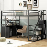 Full Size Metal Loft Bed with Storage Staircase and Wardrobe,Shelves and Lockers,Black 20859887