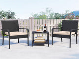 3-Piece Patio PE Wicker Bistro Set, Tempered Glass 2-Tier Side Table Outdoor Chair Set-Beige 88295874