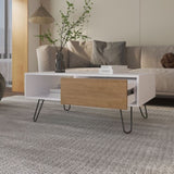 ZNTS Gramling Coffee Table with a Drawer and Hairpin Legs, White + Natural Oak B128P263712