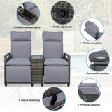 Patio Recliner Loveseat Chair, Adjustable Backrest Wicker Outdoor Lounge Chair Set with Acacia Wood 98839028
