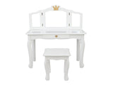 Children's Wooden Dressing Table Three-Sided Folding Mirror Dressing Table Chair Single Drawer White 07586825