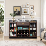 Double Glass Door with Single Drawer and 12-Bottle Wine Rack Sideboard in Black Frame Gray-Brown 56154679