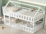 Twin over Twin House Bunk Bed with Fence and Door, White WF313047AAK