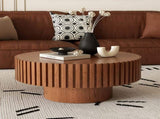 Round Coffee Table Handcrafted Relief Sturdy Pedestal Wooden Olive-Shaped Tea Table for Living Room W3081P255076