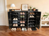 Black Entryway Shoe Storage Cabinet with Slatted Doors, Modern Wooden Hallway Console Table with Top W3417P524611