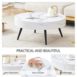 ZNTS 31.5" White Marble-Patterned MDF Round Coffee Table with black Metal Legs.Adjustable Feet,Coffee W1151P205775