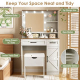 Farmhouse Makeup Vanity Desk with Mirror and Lights, 3 Lighting Modes, Vanity Set with Stool, N704P210506K