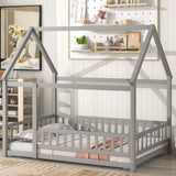 ZNTS Full Size Floor Wooden Bed with House Roof Frame, Fence Guardrails ,Grey W1791P148192