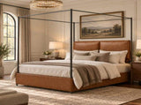 Queen Canopy Bed Frame, Faux Leather Upholstered Bed with Metal Frame, Four Poster Platform Bed, No W636P566621