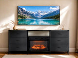 Black Fireplace TV Stand, 147.32*30*79.4cm, Embossed MDF with Melamine Finish, 6 Fabric Drawers 1 91123694