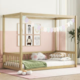 Twin Size Canopy Frame Floor Bed with Fence, Guardrails,Natural W504P143279