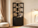 Freestanding Corner Display Shelf, Black Engineered Wood & Metal Bookcase with Concealed Cabinet, 99237726