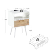 15.75" Rattan End table with Power Outlet & USB Ports , Modern nightstand with drawer and solid wood W126573114