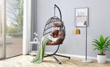 Indoor Outdoor Egg Swing Chair with Stand, Patio Grey Wicker Rattan Hanging Chair with Rope Back, W2920P281902