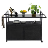 ZNTS Outdoor Wicker Bar Cart, Patio Wine Serving Cart w/Wheels, Rolling Rattan Beverage Bar Counter Table W640140573