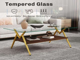 Rectangle Coffee Table with Tempered Glass top and Golden Metal Legs, Modern Table for Living Room , W241142554