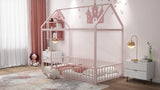 Twin Size Metal Bed House Bed Frame with Fence, for Kids, Teens, Girls, Boys, Pink MF304315AAH