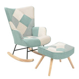 Rocking Chair with ottoman, Mid Century Fabric Rocker Chair with Wood Legs and Patchwork Linen for W561P175990