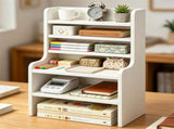 White 6-Tier Desktop Storage Organizer, Adjustable Removable Shelves Wooden Desk Rack with Anti-Fall 75807075