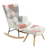 ZNTS Rocking Chair with ottoman, Mid Century Fabric Rocker Chair with Wood Legs and Patchwork Linen for W561P175989