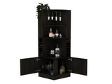 Corner bar cabinet 71" H, with two shelves at the top, 1 glass holder, 8 exterior bottle racks, 1 B097132993