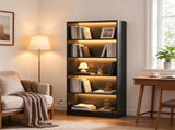 Black Wood Grain 5-Tier Bookshelf with LED Lights, Bookcase with Cable Holes for Living Room & Study 41609968