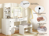 White Vanity Desk and Stool Set with Sliding Mirror & 3-Mode LED Light Strip, Anti-Toppling Dressing 57857902