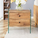 Double-drawer bedside table.The board surface is MDF with wood grain sticker, and both sides are W1512P348780