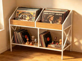 2-Tier Vinyl Record Storage Rack, Industrial Wood & Metal Record Display Stand with Anti-Tipping 32470131