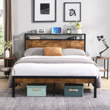 Queen Size Metal Platform Bed Frame with Wooden Headboard and Footboard with USB LINER, No Box W31183488