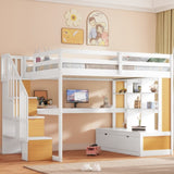 Full Size Loft Bed with Desk and Shelves, Two Built-in Drawers, Storage Staircase, White and Natural 04858801