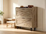 2-Drawer Barn Door Shoe Cabinet with Side Panel Countertop Melamine Board Embossed MDF Shoe Cabinet 19396137