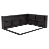ZNTS Full Floor Bed with L-shaped Bookcases, sliding doors,without slats,Espresso W504P146193