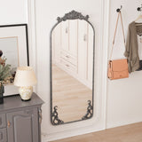 58"x24" Arched Full Body Mirror with Vintage Ornate Carved Applique on Top and Bottom, Hanging Wall W757P286274