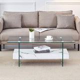 43.3 Inch Modern Two-Tier Coffee Table - An Elegant Combination of Clear Glass and White Marble W2920P226070