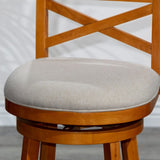 30" Bar Height X-Back Swivel Stool, Natural Finish, Beige Fabric Seat B04660717