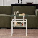 White Tempered Clear Glass End Table, 2-Layers Small Table with Storage, Living Room Side Table W1718P177829