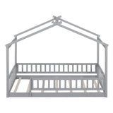 Twin Size Wood Bed House Bed Frame with Fence, for Kids, Teens, Girls, Boys, Gray WF302176AAE