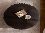 Round Coffee Table Handcrafted Relief Sturdy Pedestal Wooden Olive-Shaped Tea Table for Living Room W3081P255062