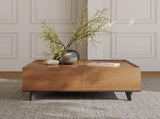 35.43" Square Walnut Finish Coffee Table with Hidden Drawer and Black Base, Modern Large Cocktail W5909P583195